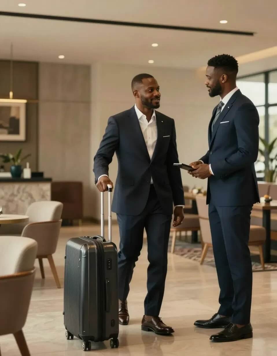 A concierge welcoming an arriving guest with luggage in an upscale Lagos hotel lobby